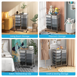 Opbevaringsvogn i jern og PP 15 skuffer 63x37x87 cm hjul med bremser