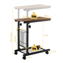 C-formet justerbart sidebord rustik brun med opbevaringskurv 50x30 cm