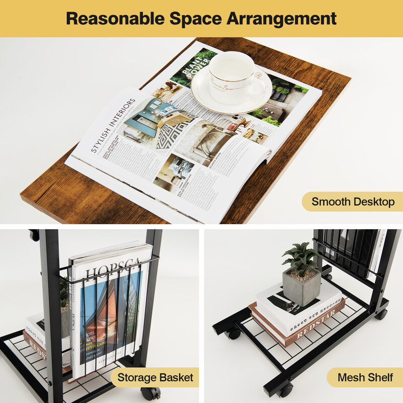 C-formet justerbart sidebord rustik brun med opbevaringskurv 50x30 cm