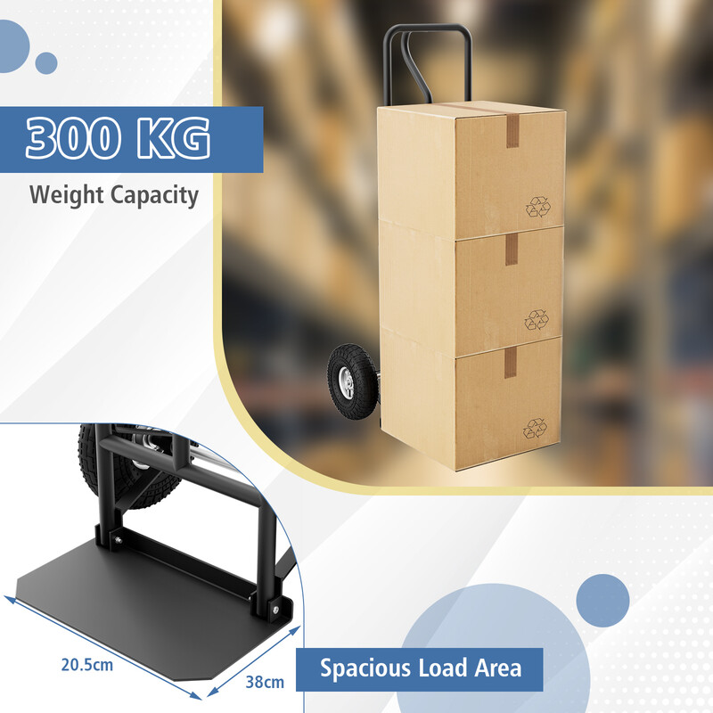 Sækkevogn sort metal med p‑håndtag foldbar lastplade 25 cm gummihjul 300 kg