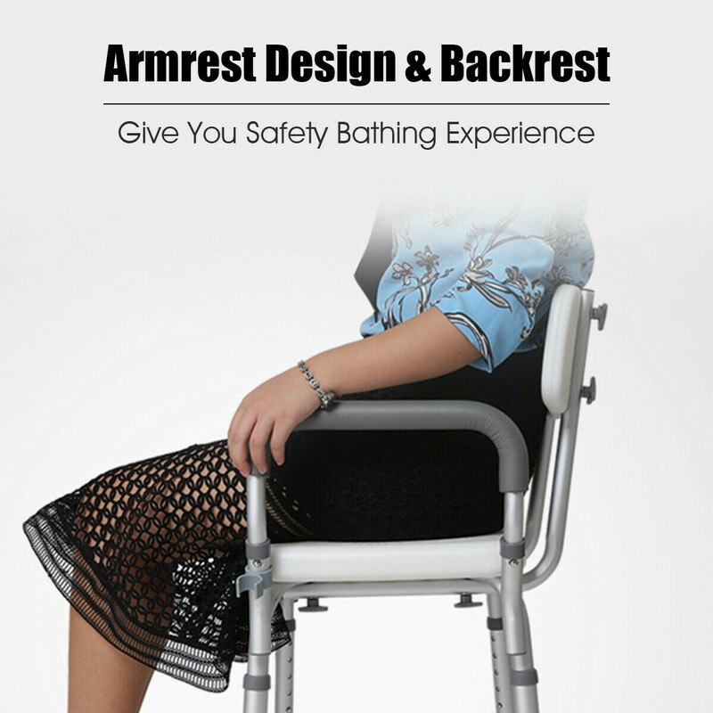 Duschstol justerbar højde seks niveauer aluminiumramme hvid med ryggstøtte 150 kg