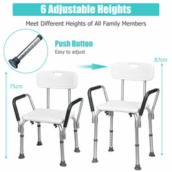 Duschstol justerbar højde seks niveauer aluminiumramme hvid med ryggstøtte 150 kg