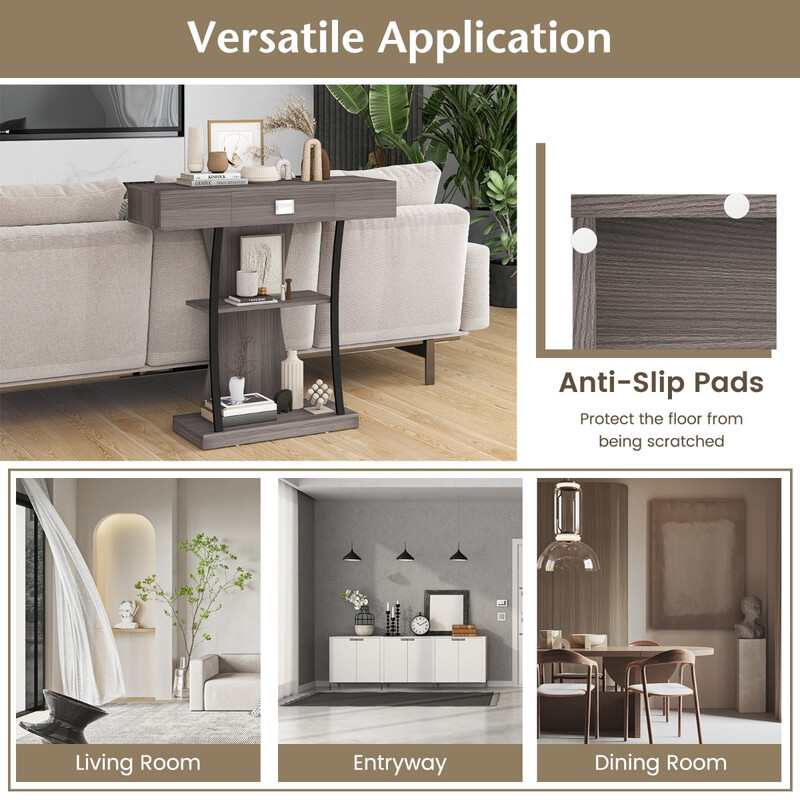 Konsolbord rustik grå metalramme spånplade MDF 91x30x89 cm med skuffe