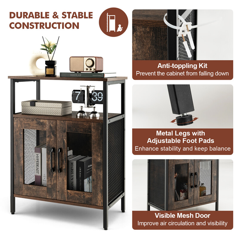 Vinskab i rustikt brunt træ og metal 60x34x79 cm med aftageligt vinstativ