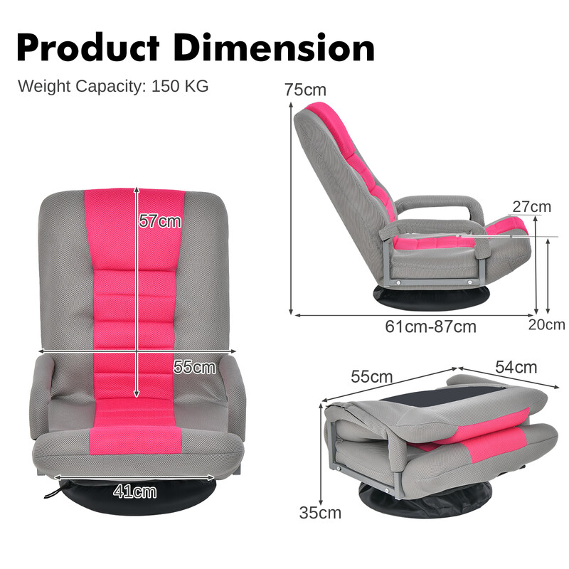 Gulvgamingstol rosa 360° rotation 6‑positions ryglæn ergonomisk