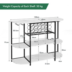 Vinstativ hvid metal og træ 120x40x91 cm 18 flasker 8 glas