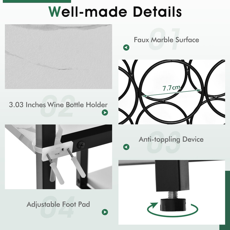 Vinstativ hvid metal og træ 120x40x91 cm 18 flasker 8 glas