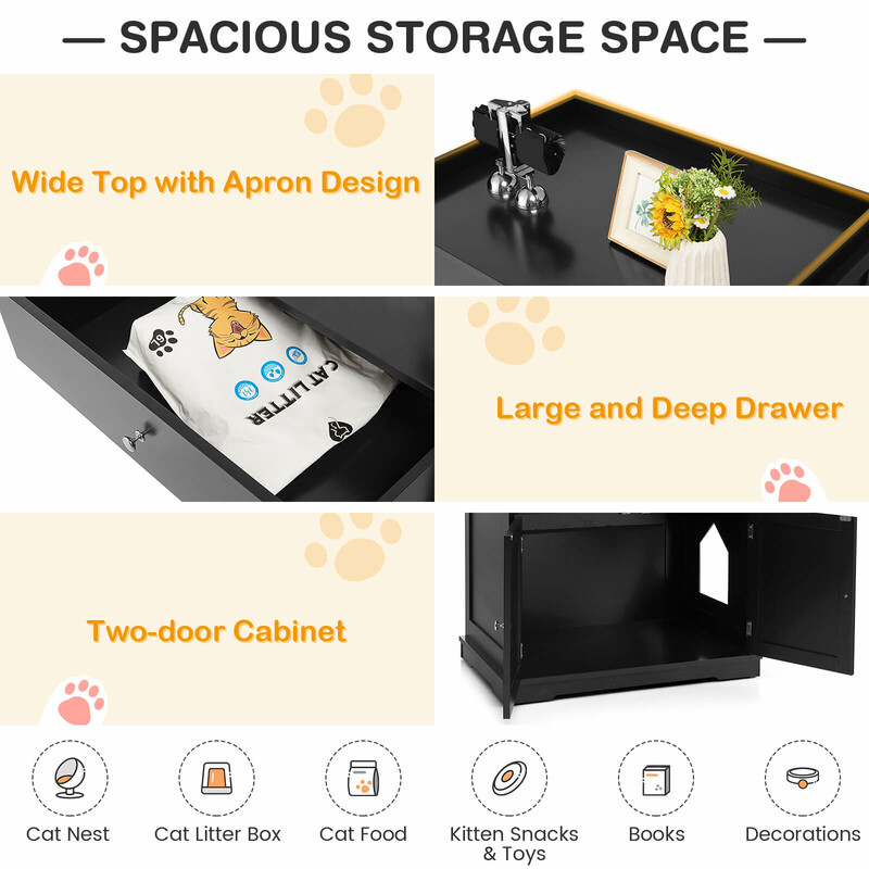 Sort MDF kattebakkeskab 3-i-1 sidebord med låge og skuffe 76x53x74 cm