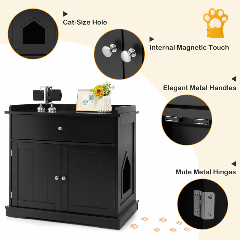 Sort MDF kattebakkeskab 3-i-1 sidebord med låge og skuffe 76x53x74 cm