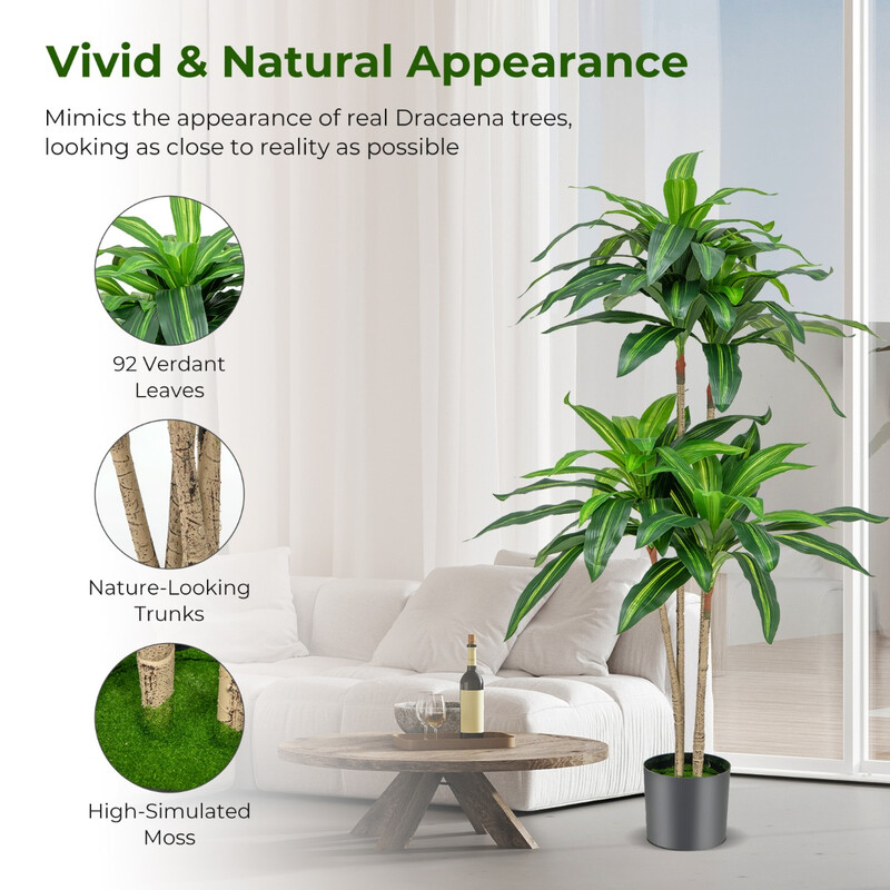 Kunstig dracena 140 cm PEVA blade 92 stk med cementpotte