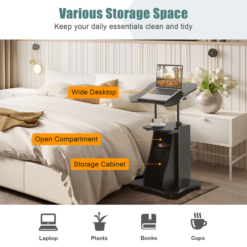 Ergonomisk hæve og sænkbart skrivebord sort træ/metal 55x40 cm med opbevaring