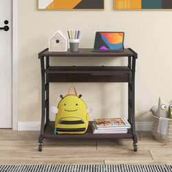 Computerbord metal og træ 75x50x75 cm mørkebrun hjul udtræksbar tastatur- og mushylde