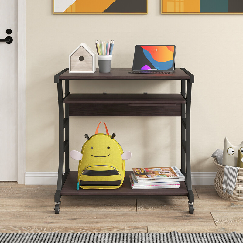 Computerbord metal og træ 75x50x75 cm mørkebrun hjul udtræksbar tastatur- og mushylde