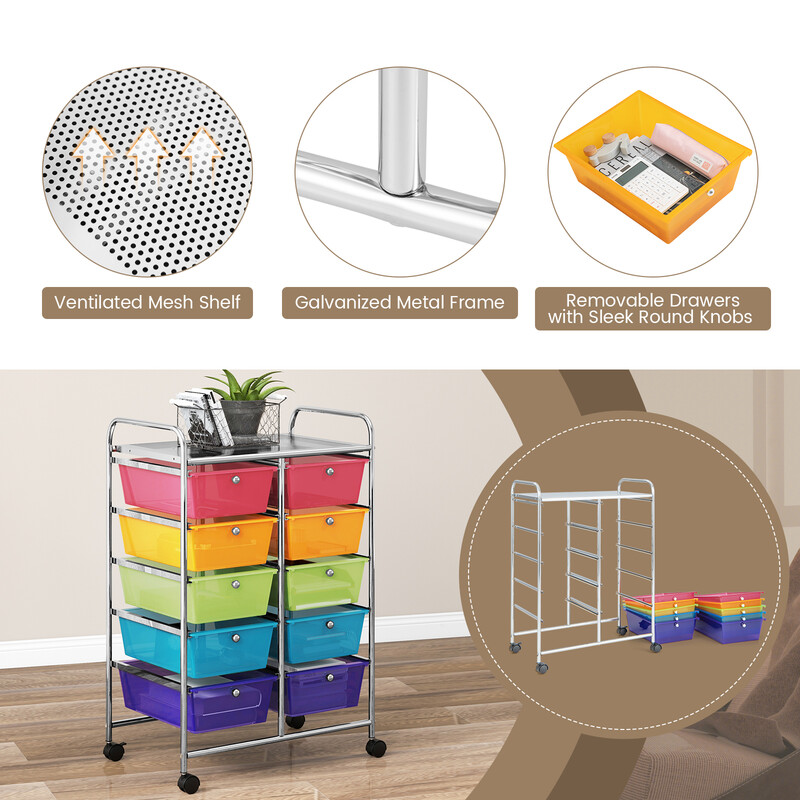 Opbevaringsvogn metalramme 10 gennemsigtige bakker 58