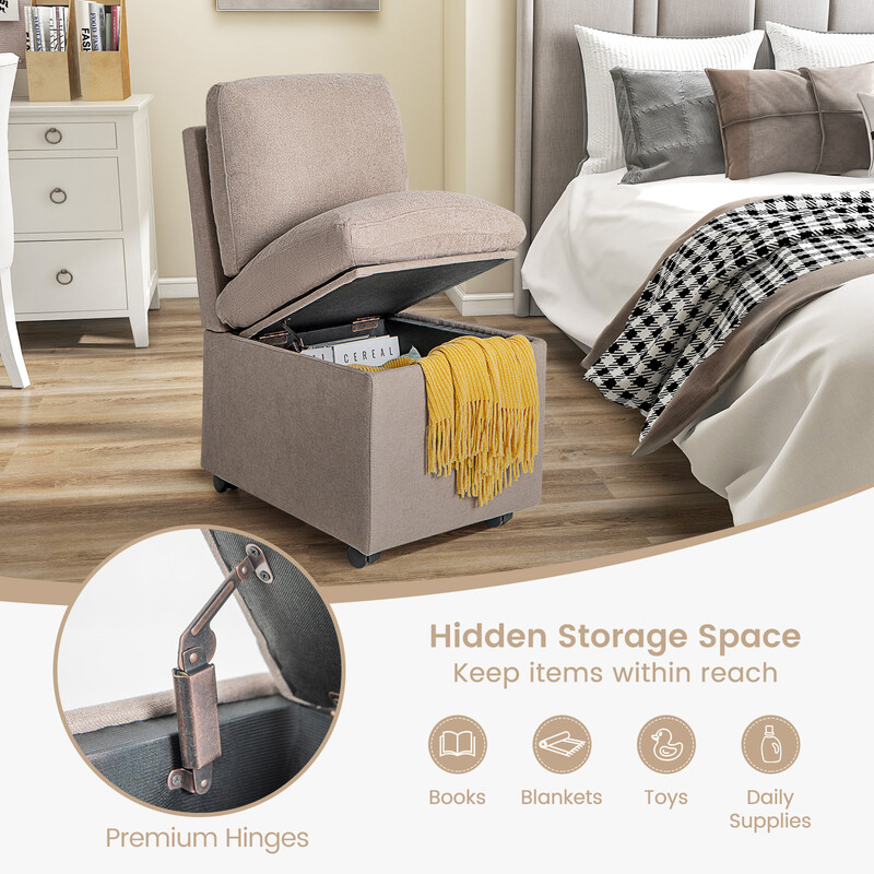 Lænestol uden armlæn linned kaffe 48x62x84 cm med opbevaring og låsbare hjul