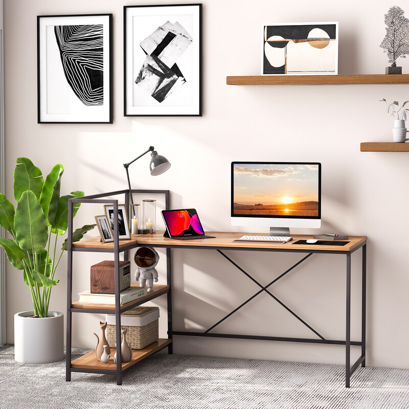 L-formet skrivebord i valnød teknisk træplade metal 148x100 cm med åbne hylder