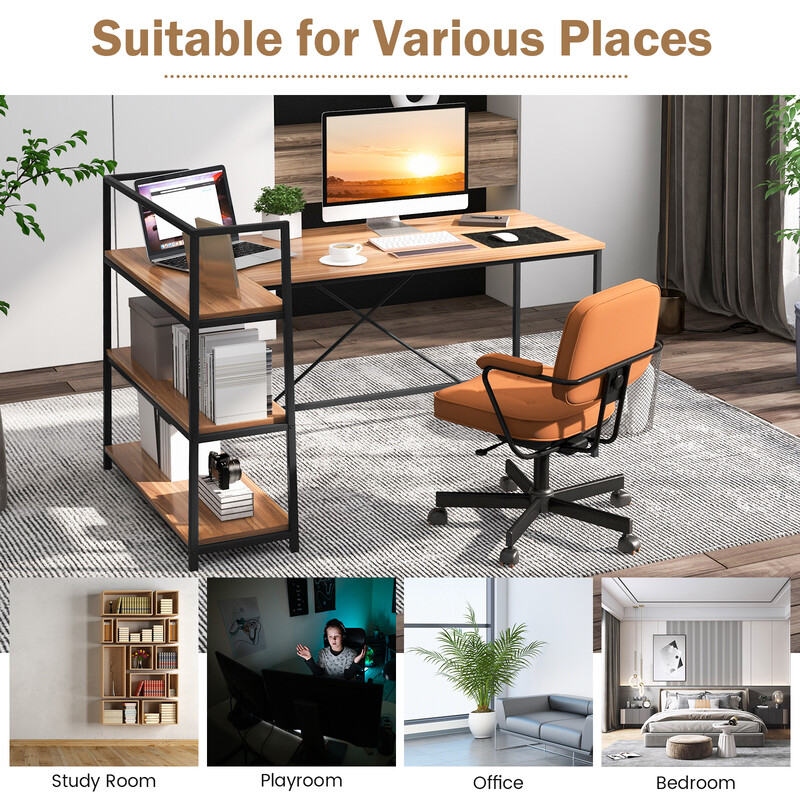 L-formet skrivebord i valnød teknisk træplade metal 148x100 cm med åbne hylder