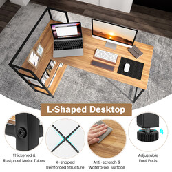 L-formet skrivebord i valnød teknisk træplade metal 148x100 cm med åbne hylder