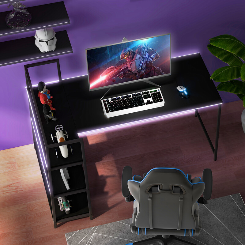 L-formet skrivebord sort 148 cm med åbne hylder teknisk træ metal