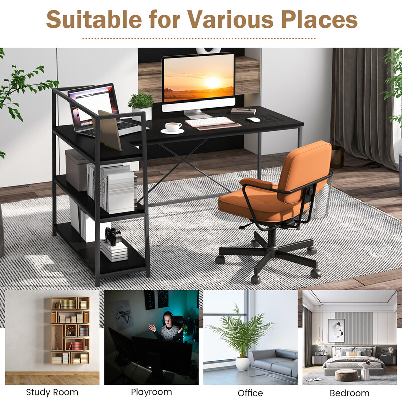 L-formet skrivebord sort 148 cm med åbne hylder teknisk træ metal