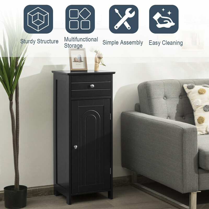 Stående badeværelsesskab sort MDF 35x30x87 cm med skuffe og justerbare hylder