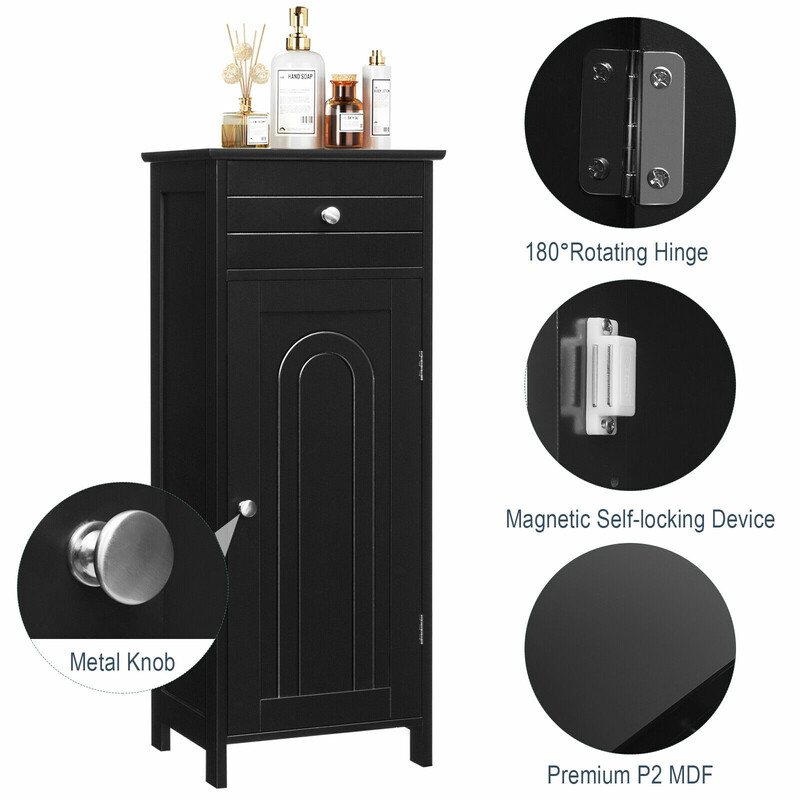 Stående badeværelsesskab sort MDF 35x30x87 cm med skuffe og justerbare hylder
