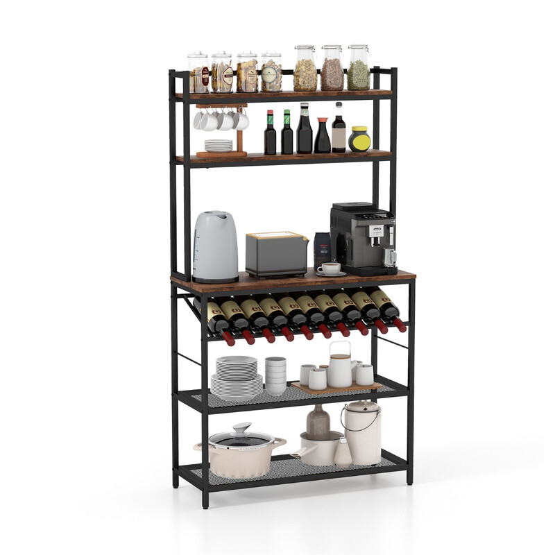 Køkkenhylde metal og træ 90x35x165 cm rustik brun med 10 vinflasker