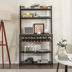 Køkkenhylde metal og træ 90x35x165 cm rustik brun med 10 vinflasker