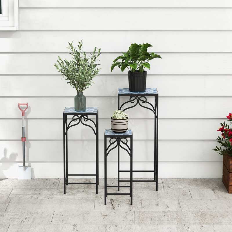 Plantestativ sæt 3 stk metal med blå mosaik indendørs udendørs