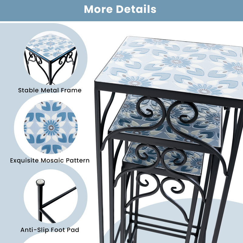 Plantestativ sæt 3 stk metal med blå mosaik indendørs udendørs