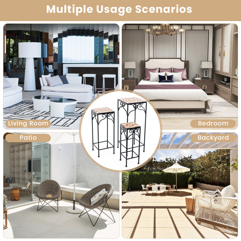 3‑del sæt plantestativer i metal med mosaik