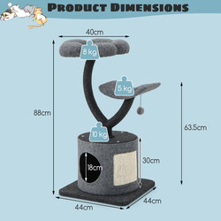 Indendørs kattetræ med metalramme sisalklo flere hvilepladser grå 44x44x88 cm