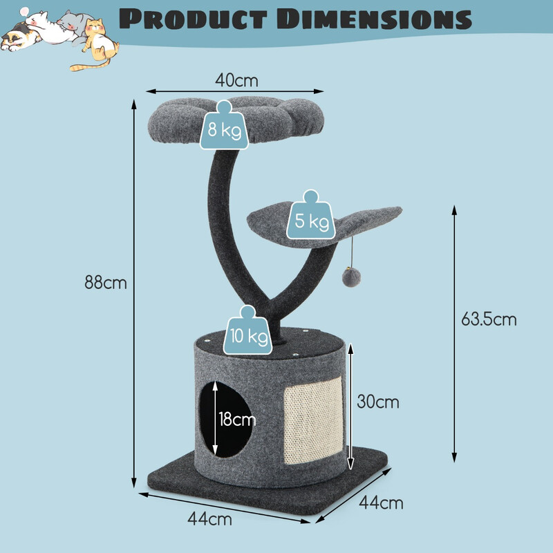 Indendørs kattetræ med metalramme sisalklo flere hvilepladser grå 44x44x88 cm