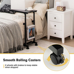 C‑formet sort sidebord justerbar højde 58‑80 cm med opbevaringskurv og hjul