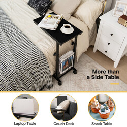 C‑formet sort sidebord justerbar højde 58‑80 cm med opbevaringskurv og hjul