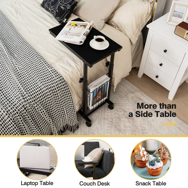 C‑formet sort sidebord justerbar højde 58‑80 cm med opbevaringskurv og hjul