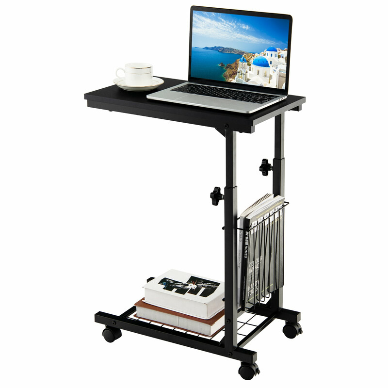 C‑formet sort sidebord justerbar højde 58‑80 cm med opbevaringskurv og hjul