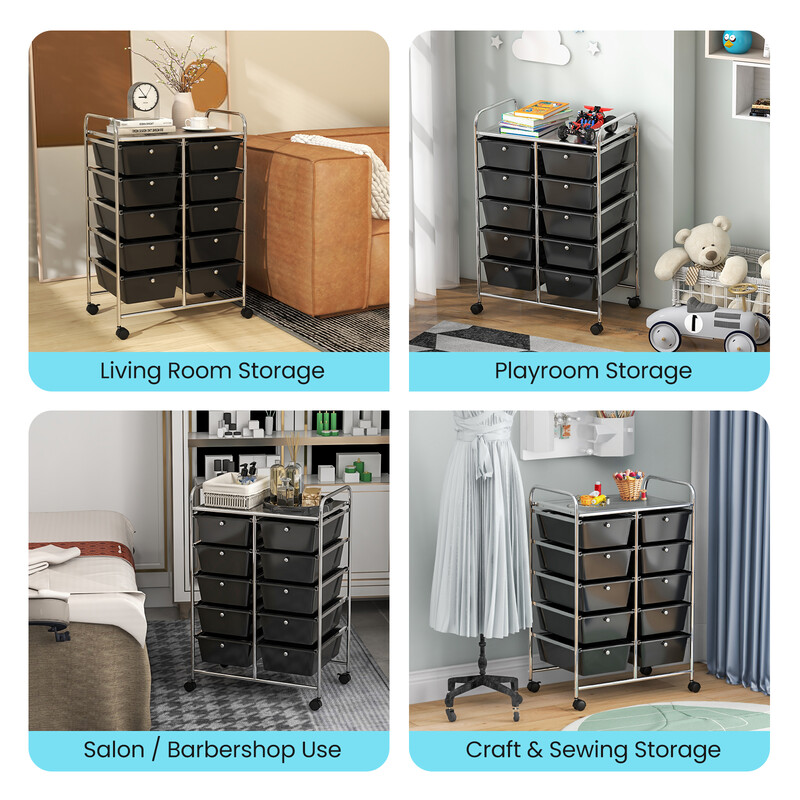 Opbevaringsvogn med metalramme 10 farverige bakker fire hjul låsbare