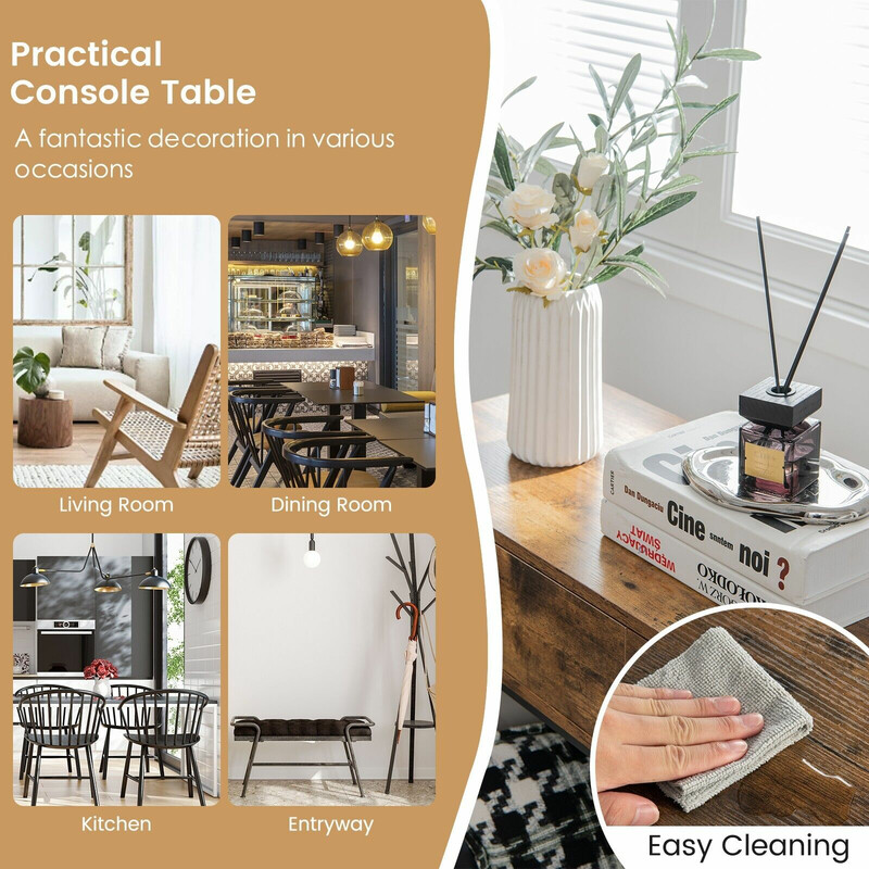 Konsolbord rustik brun metal 100x35x76 cm med 2 skuffer og trådhylde