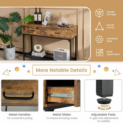 Konsolbord rustik brun metal 100x35x76 cm med 2 skuffer og trådhylde