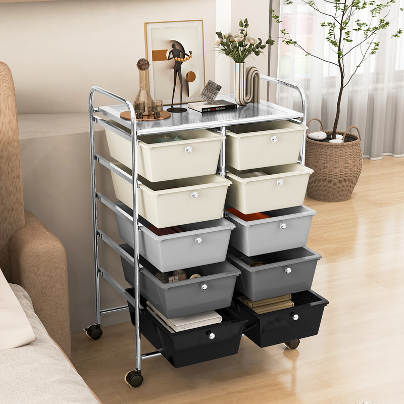 Rullende opbevaringsvogn i metal med 10 skuffer og fire hjul