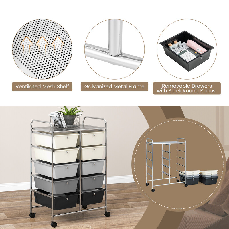 Rullende opbevaringsvogn i metal med 10 skuffer og fire hjul