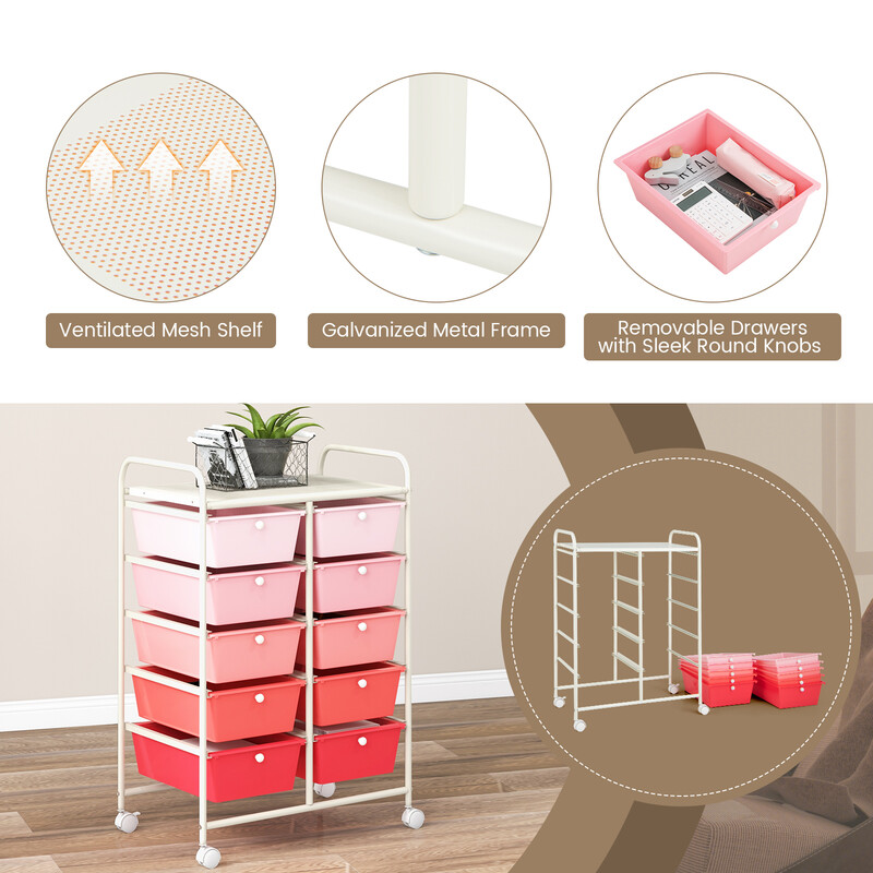 Opbevaringsvogn med 10 bakker metalstel farverig låsbare hjul topbakke 58x37 cm