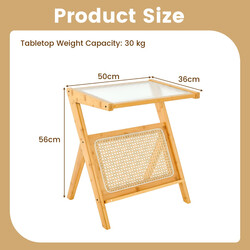 Sidebord bambus hærdet glas med opbevaringshylde Z‑formet ben 50x36x56 cm