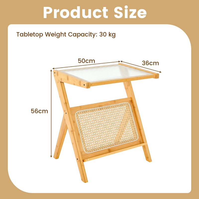 Sidebord bambus hærdet glas med opbevaringshylde Z‑formet ben 50x36x56 cm
