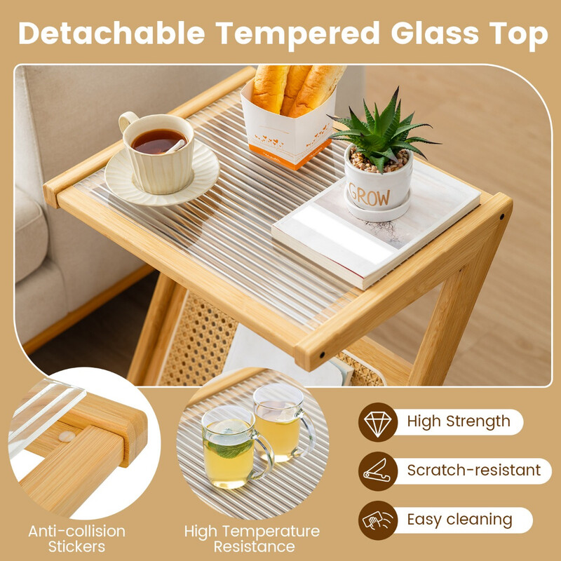 Sidebord bambus hærdet glas med opbevaringshylde Z‑formet ben 50x36x56 cm