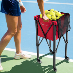 Foldbar tennisboldvogn aluminium med hjul 150 bolde rød sort