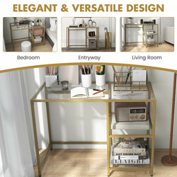 Konsolbord i hærdet glas med to hylder og guldramme 106x51x76 cm