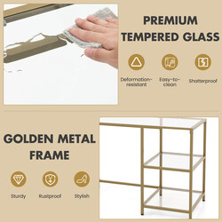 Konsolbord i hærdet glas med to hylder og guldramme 106x51x76 cm