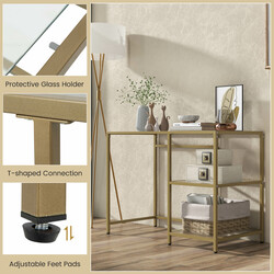 Konsolbord i hærdet glas med to hylder og guldramme 106x51x76 cm